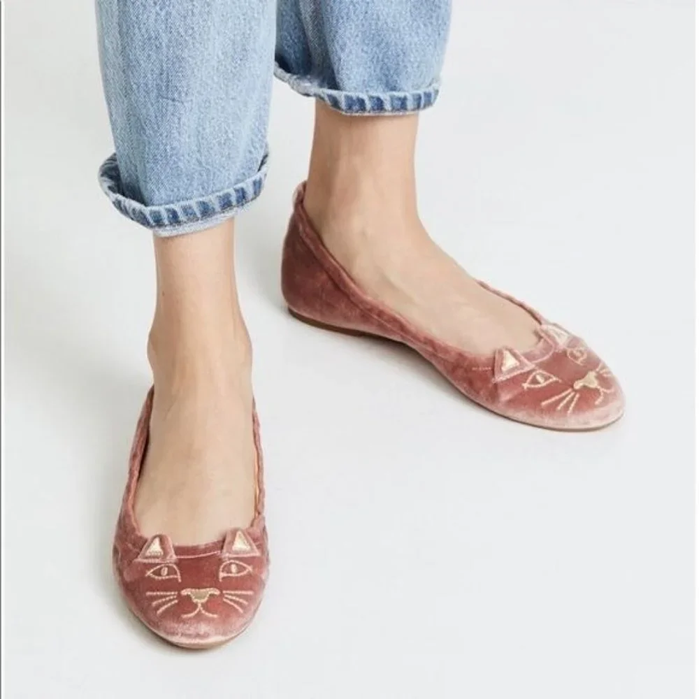 Charlotte Olympia Women's Kitty Velvet Ballet Flats NWOB